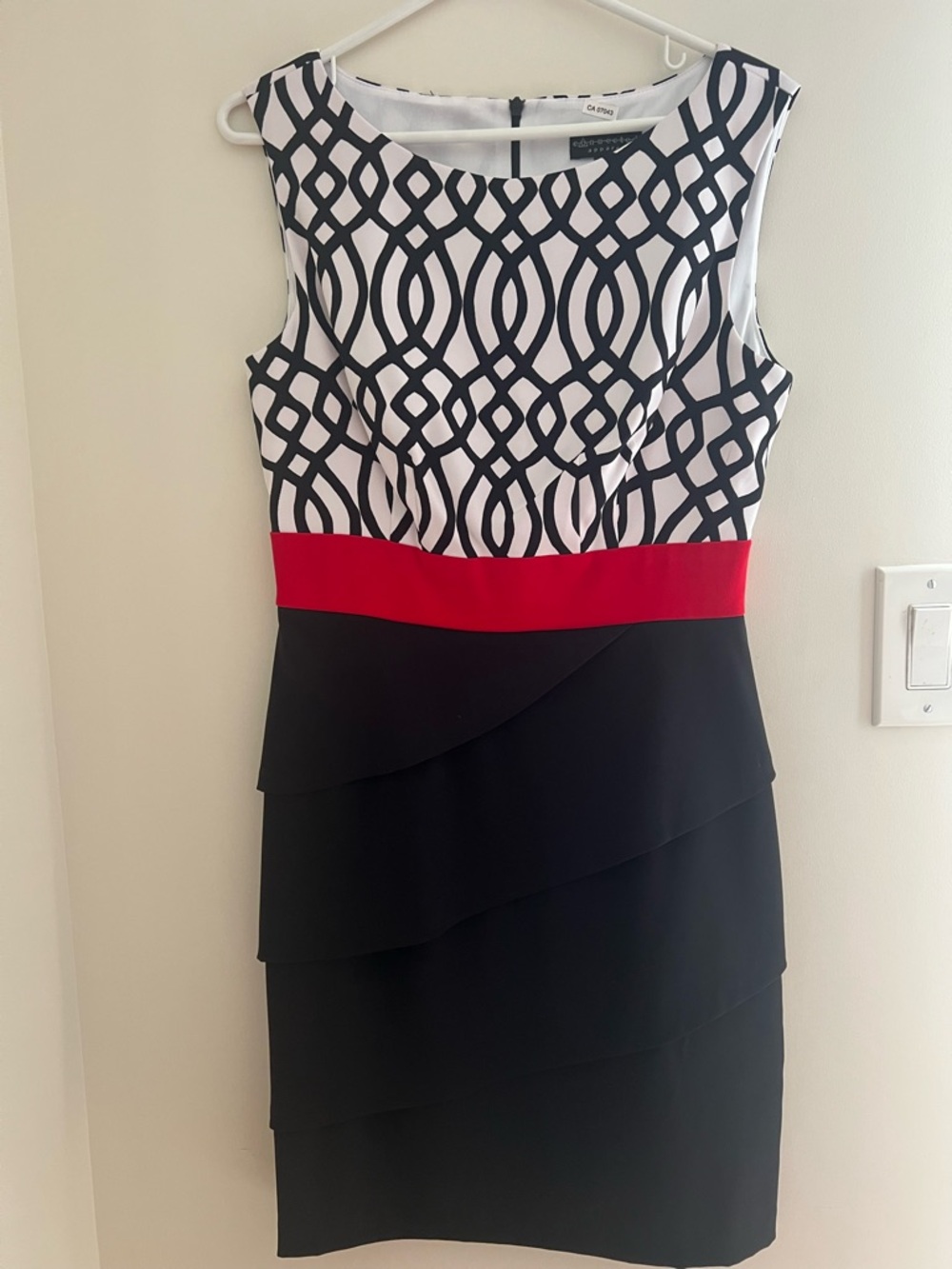 Sleeveless Black & White Patterned Sheath Dress with Red Waist